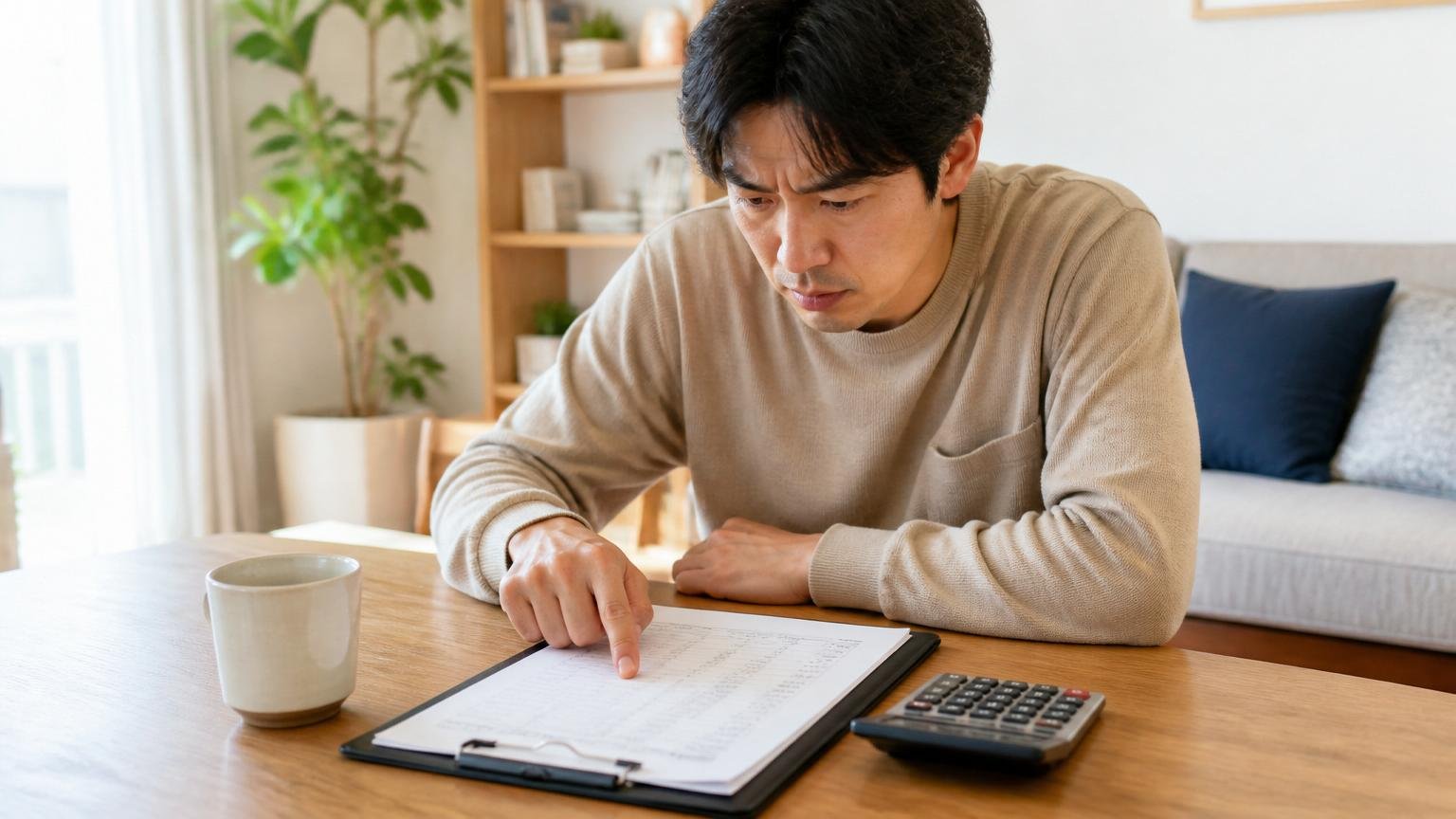 見積書の作業範囲を確認する場面。住宅のリビングのテーブルで住人1人が見積書の項目を1行ずつ指でなぞって確認する