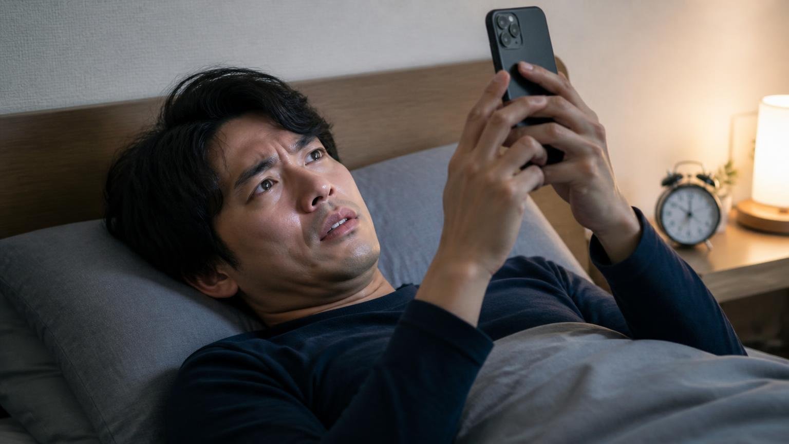 日東防疫が向いていない人の条件 深夜の寝室で天井を見上げてスマホを握りしめる30代男性が困った表情
