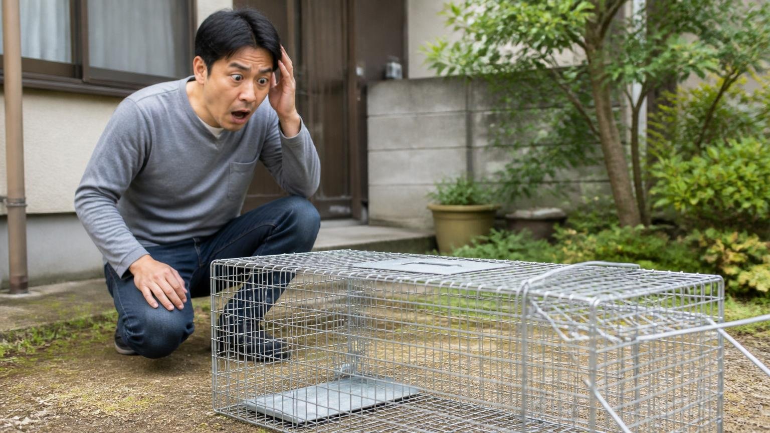 捕獲に許可が必要と知る場面。自宅の庭先で捕獲器を前に立ち尽くす男性1人が驚いた表情