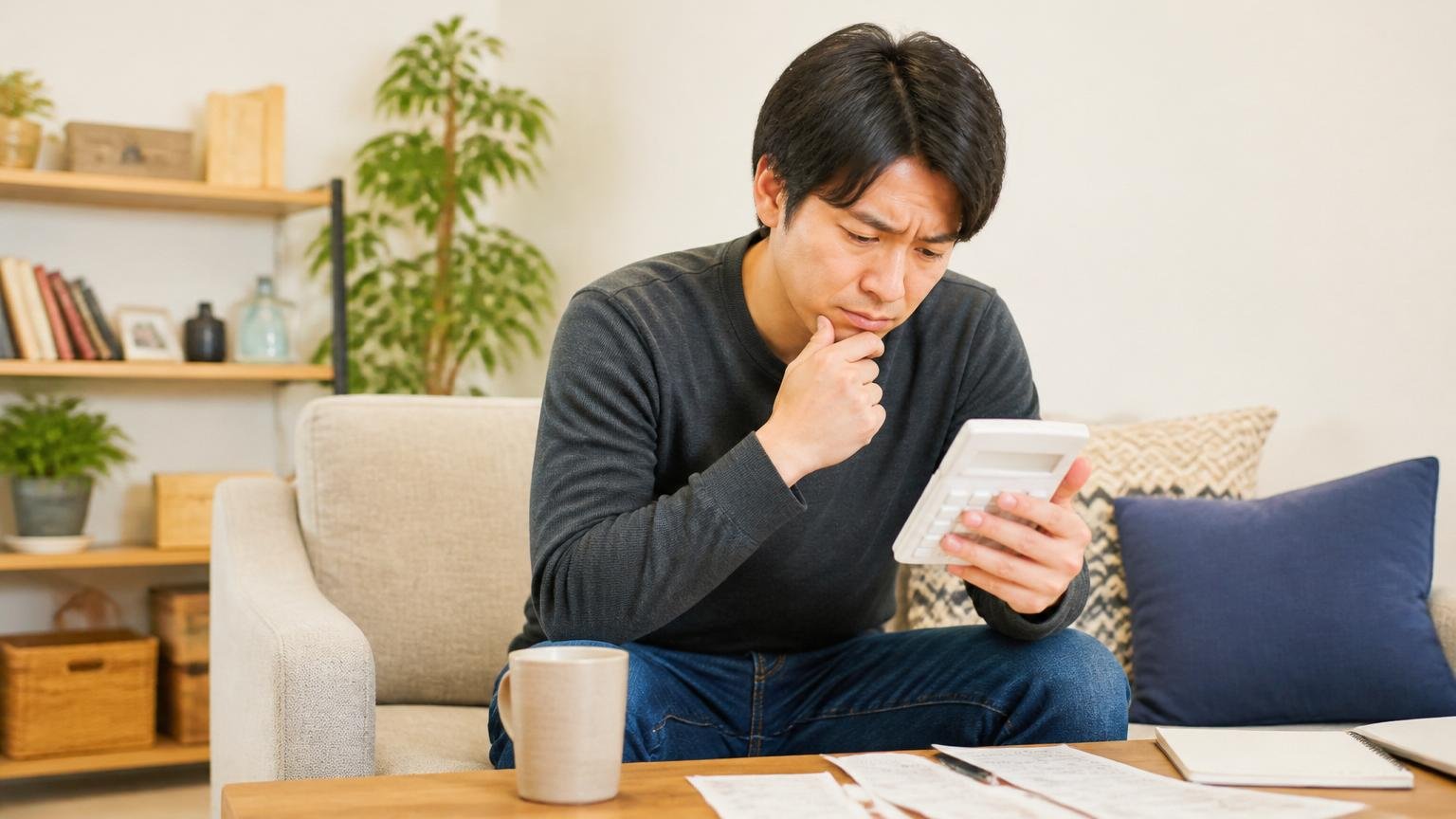 向いていない人は安さ最優先の人とエリア外の人。自宅のリビングで男性1人が電卓を見て渋い表情を浮かべる