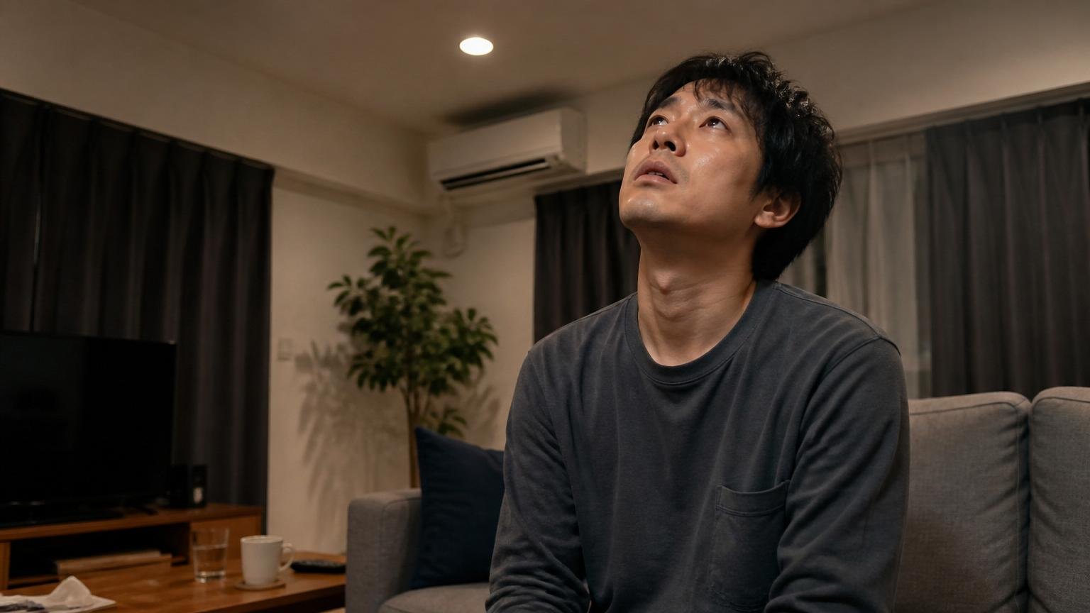 トータルクリーンが向いていない人。深夜のリビングで天井を見上げる30代男性1人が肩を落とす