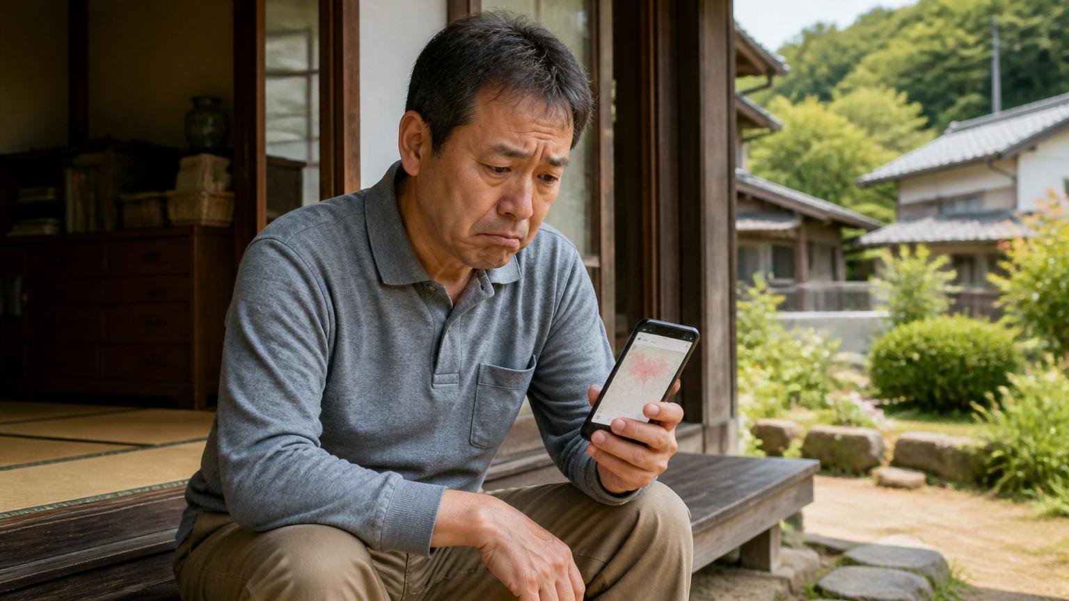 対象外だと気づく場面。地方の戸建ての縁側でスマホの対応エリア表示を見て肩を落とす50代男性