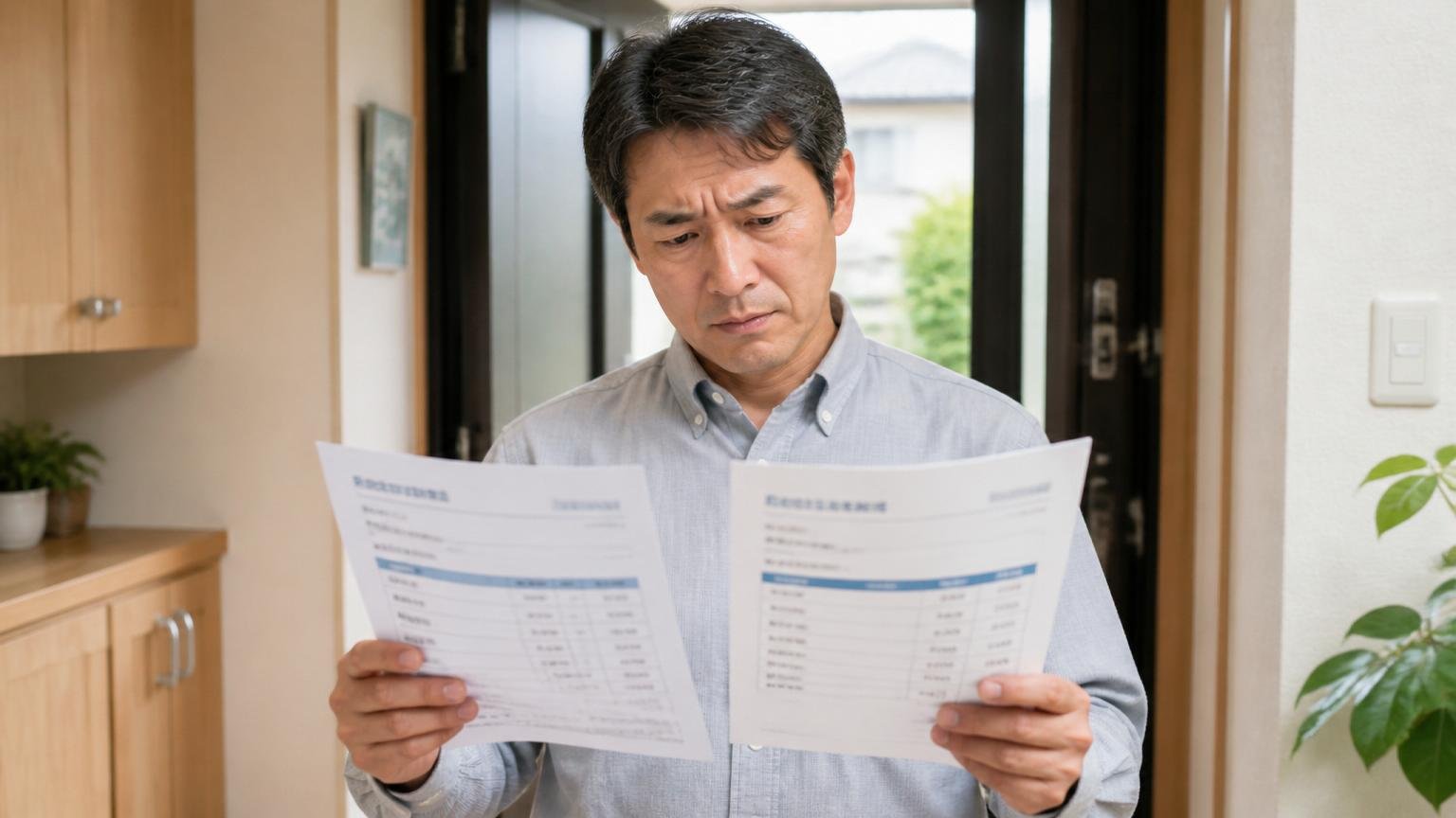 行政も複数見積もりを推奨|自宅の玄関で住人が2社の見積書を持ち比べる
