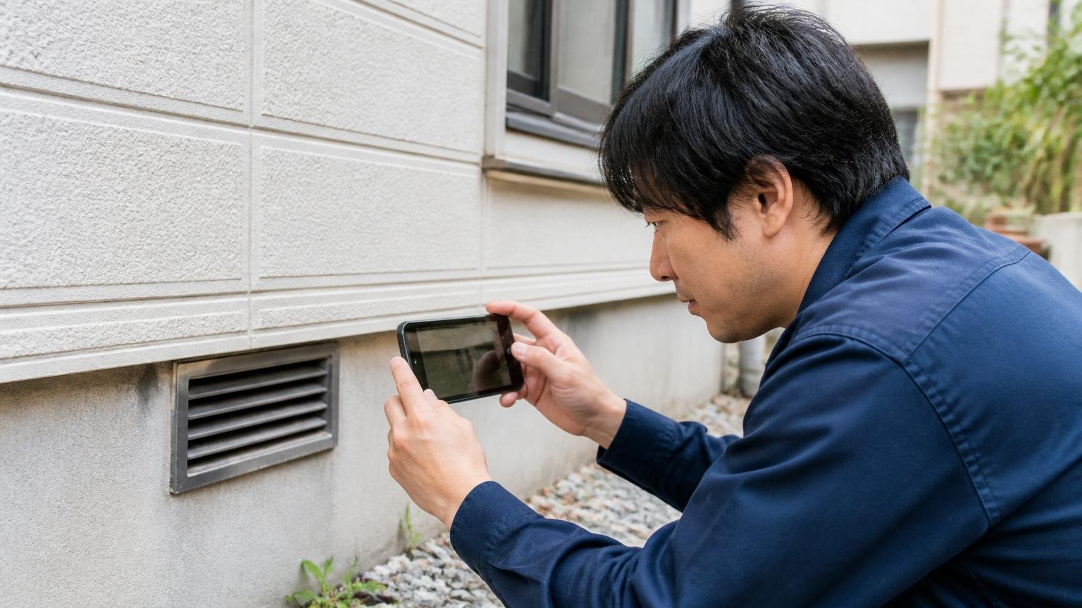 現地調査の前に5分でできる準備。家の外壁まわりで点検する住人1人がスマホで通気口を撮影する