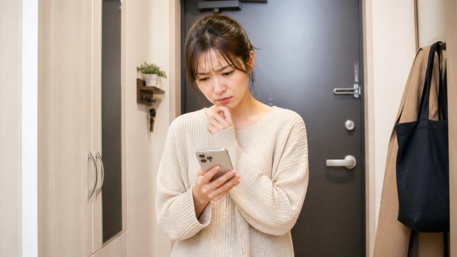 向いていない人の4つの条件。賃貸マンションの玄関でスマホを見て考え込む女性