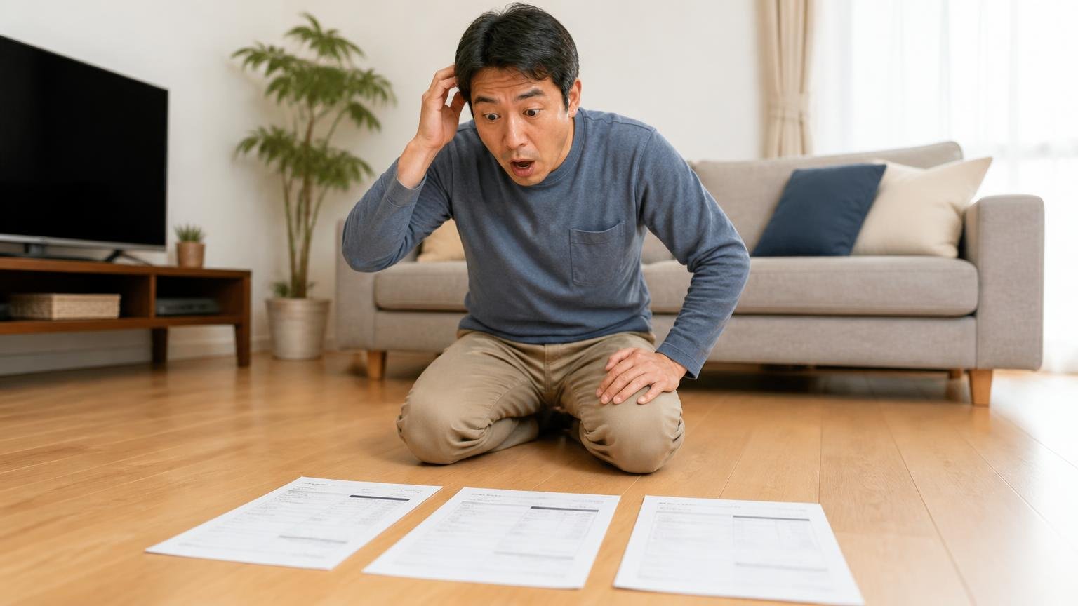 同じ工事で14万から30万の開き|リビングの床|男性1人|3枚の見積書を並べ驚く