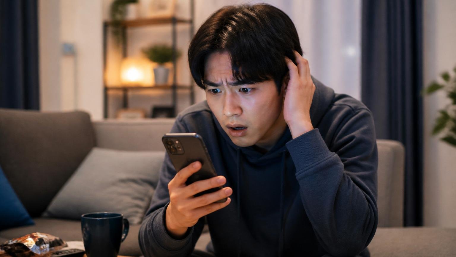 向いていない人の4条件。深夜のリビングで20代男性がスマホの営業時間表示を見て困った顔をする