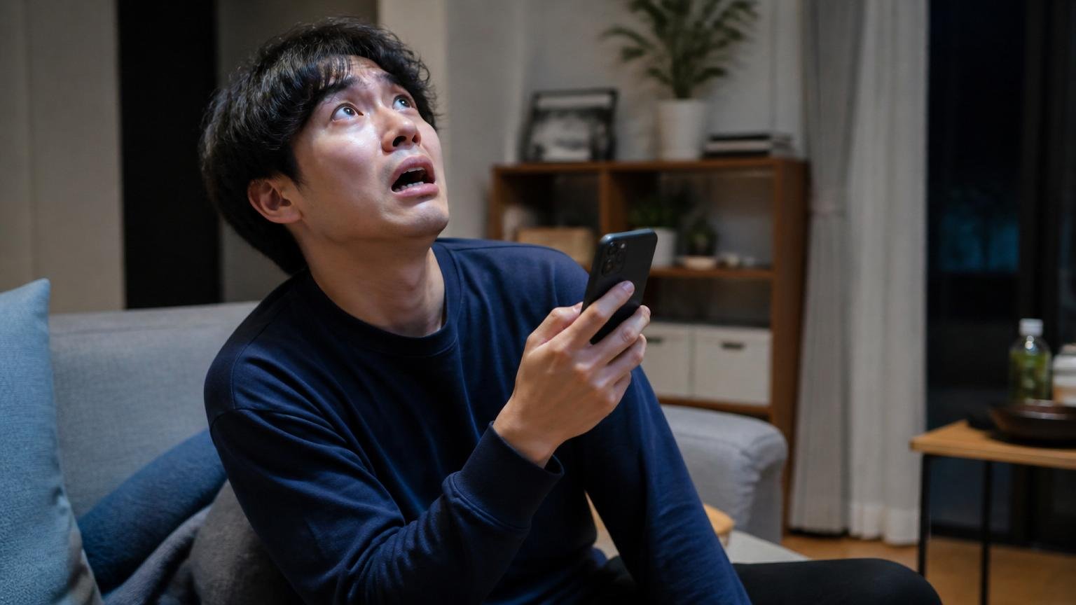 向いていない人の5つの条件 深夜のリビングで男性1人がスマホを握り天井を見上げて焦った表情を浮かべる