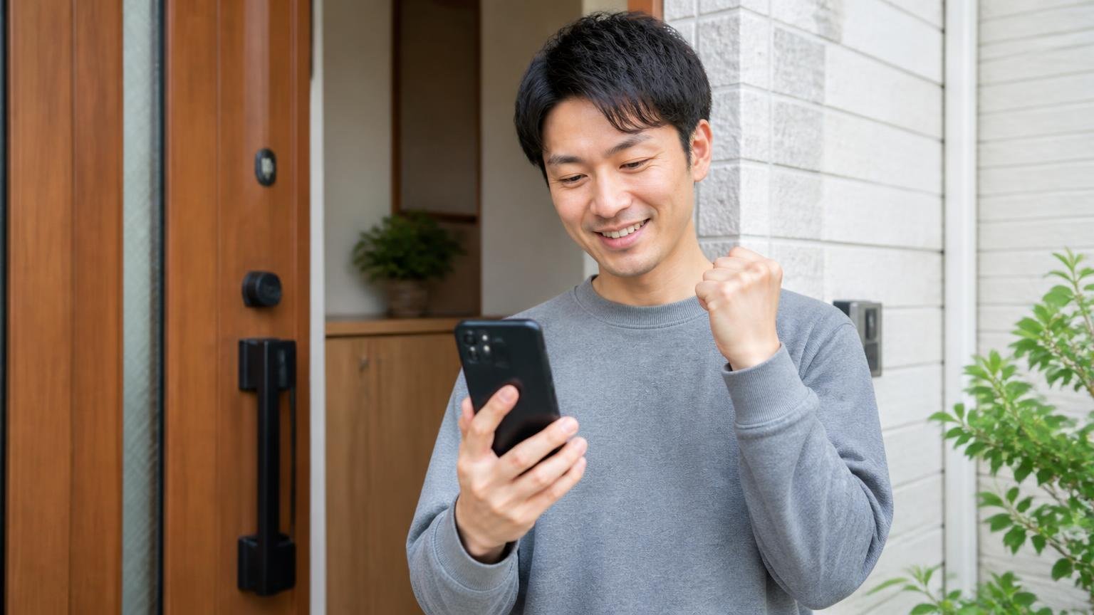 無料で相談できる駆除業者。自宅の玄関でスマホを手に問い合わせをする30代男性、ほっとした表情
