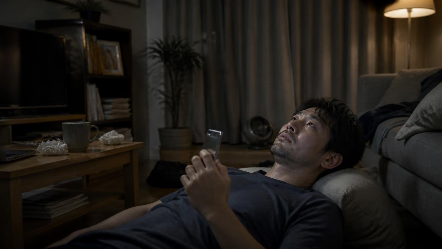 急いでいる人やエリア外の人には向かない理由、深夜のリビングでスマホを握りしめて天井を見上げる住人1人