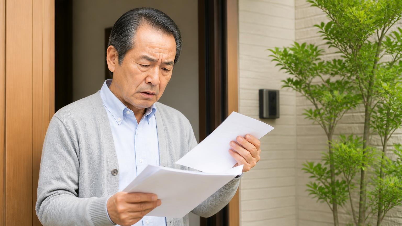 契約書の中身が一式だった失敗。玄関先で契約書をめくる60代男性1人が眉間にしわを寄せる