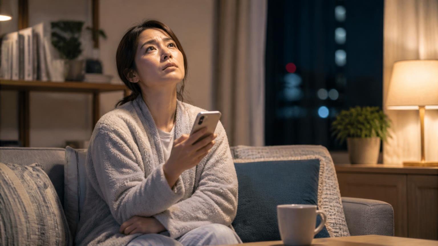 向いていない人は関東以外や深夜相談を希望する人 深夜のリビングで30代女性が1人スマホを手に天井を見上げる
