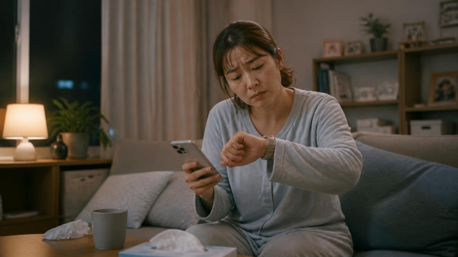 向いていない人の3条件/深夜のリビングでスマホを持つ/30代女性1人/時計を見てため息をつく