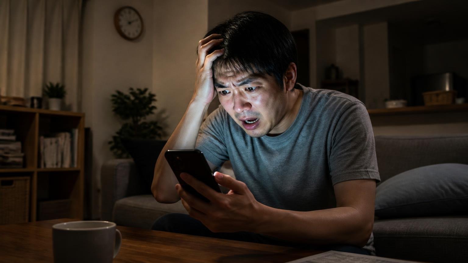 深夜に緊急で業者を探す場面 暗いリビングでスマホの光に照らされる男性1人 焦った表情