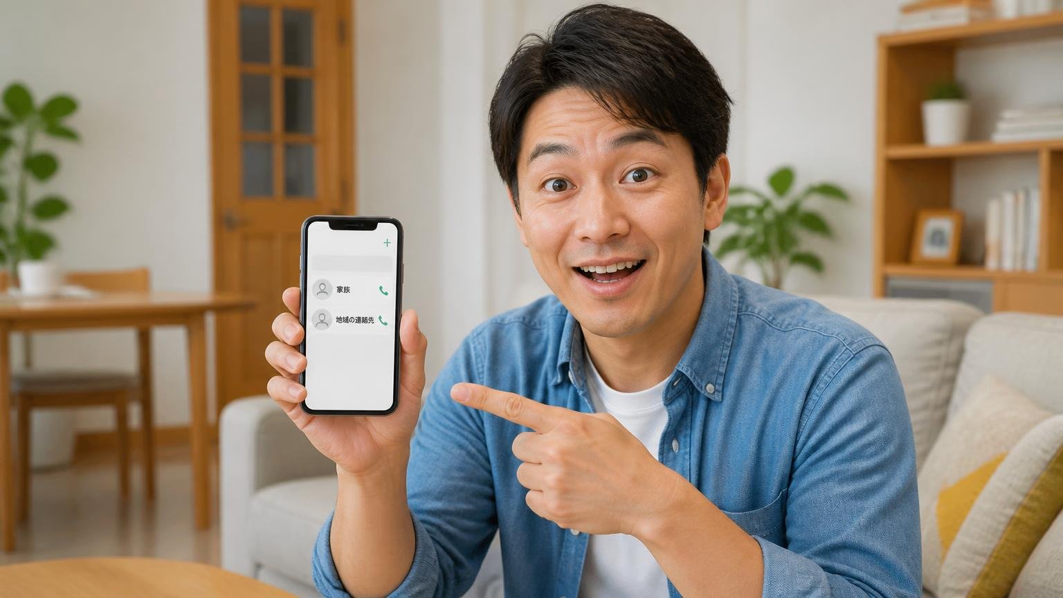 緊急時に連絡先を2つ持っておく対策。木造戸建てのリビングで男性1人がスマホに連絡先を2件登録して見せる