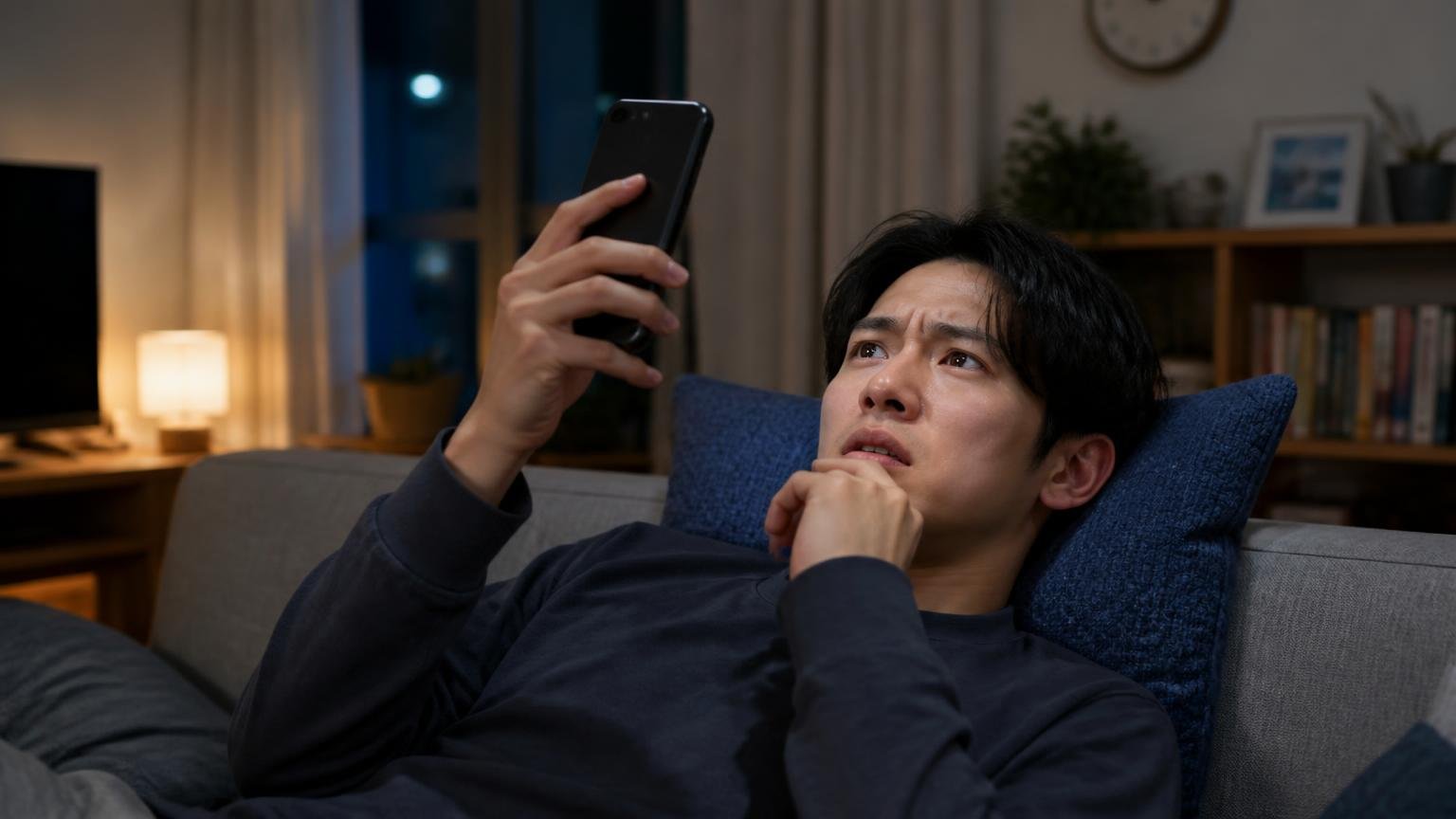 向いていない人の条件。深夜のリビングで天井を見上げてスマホを握る住人1人が不安な表情