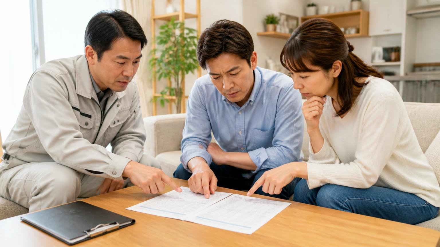見積書は総額ではなく内訳で比べる|リビングで作業員と見積書の行を指して確認する夫婦
