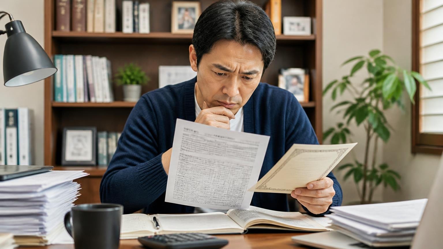 慎重に考えたい人の4タイプ。自宅の書斎で男性1人が保証書と契約書を読み込んで眉をひそめる