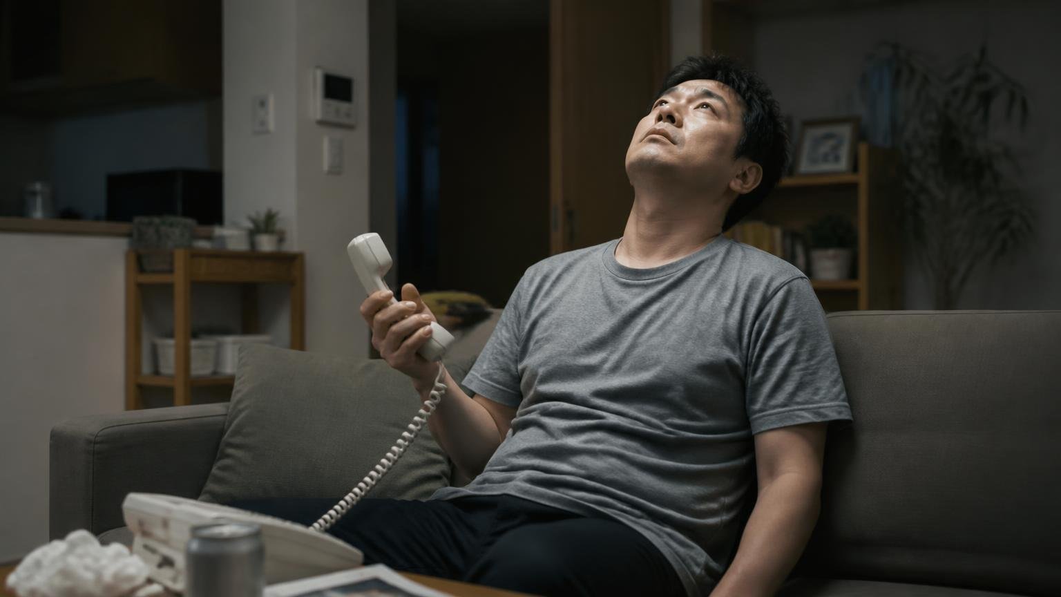 向いていない人の条件。深夜のリビングで天井を見上げた住人1人が受話器を握ったまま肩を落とす
