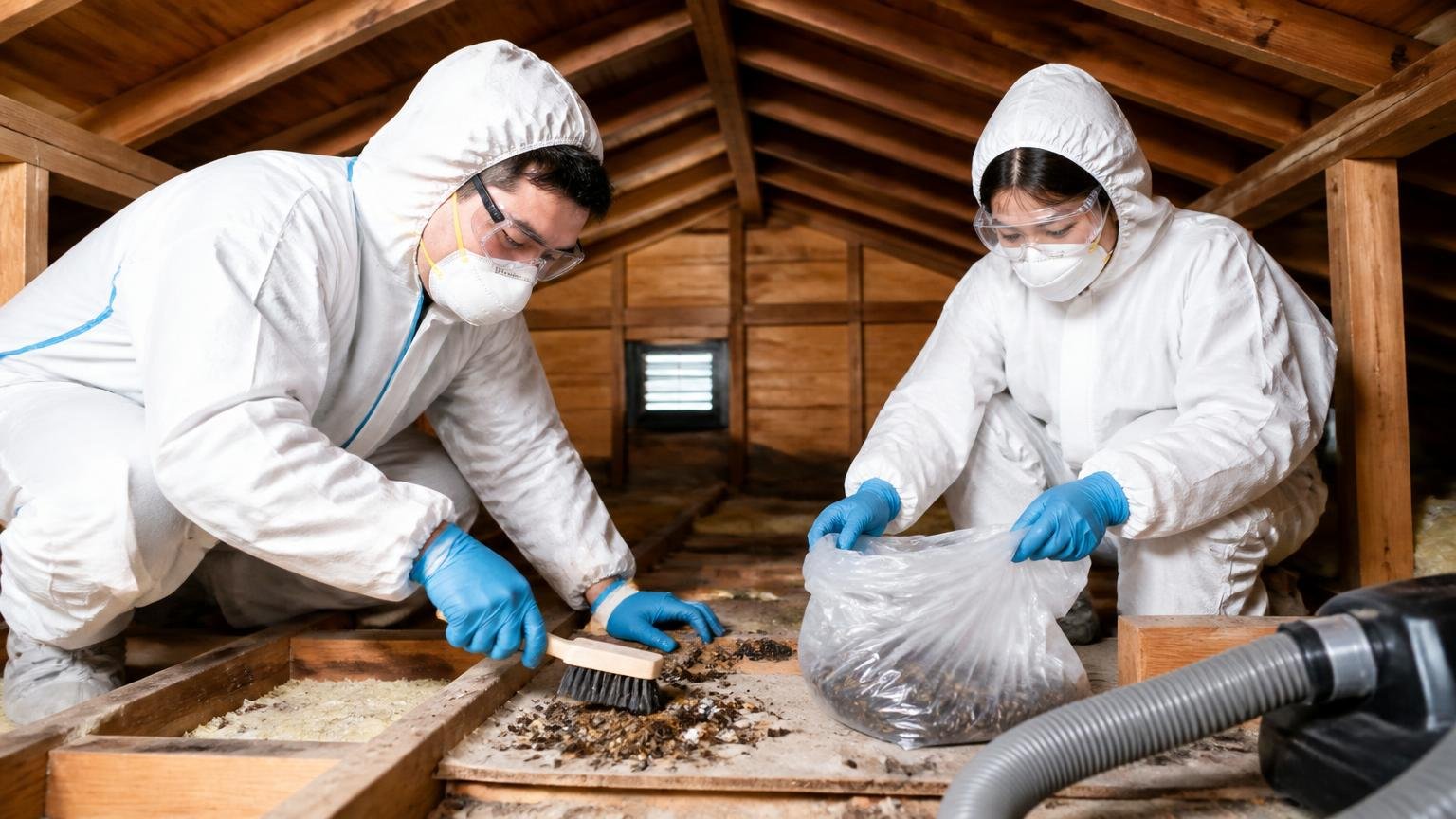 害獣側の料金は穴塞ぎとフン清掃が別立てで示されている 住宅の屋根裏で防護服を着て清掃する場面 作業員2人 慎重に作業