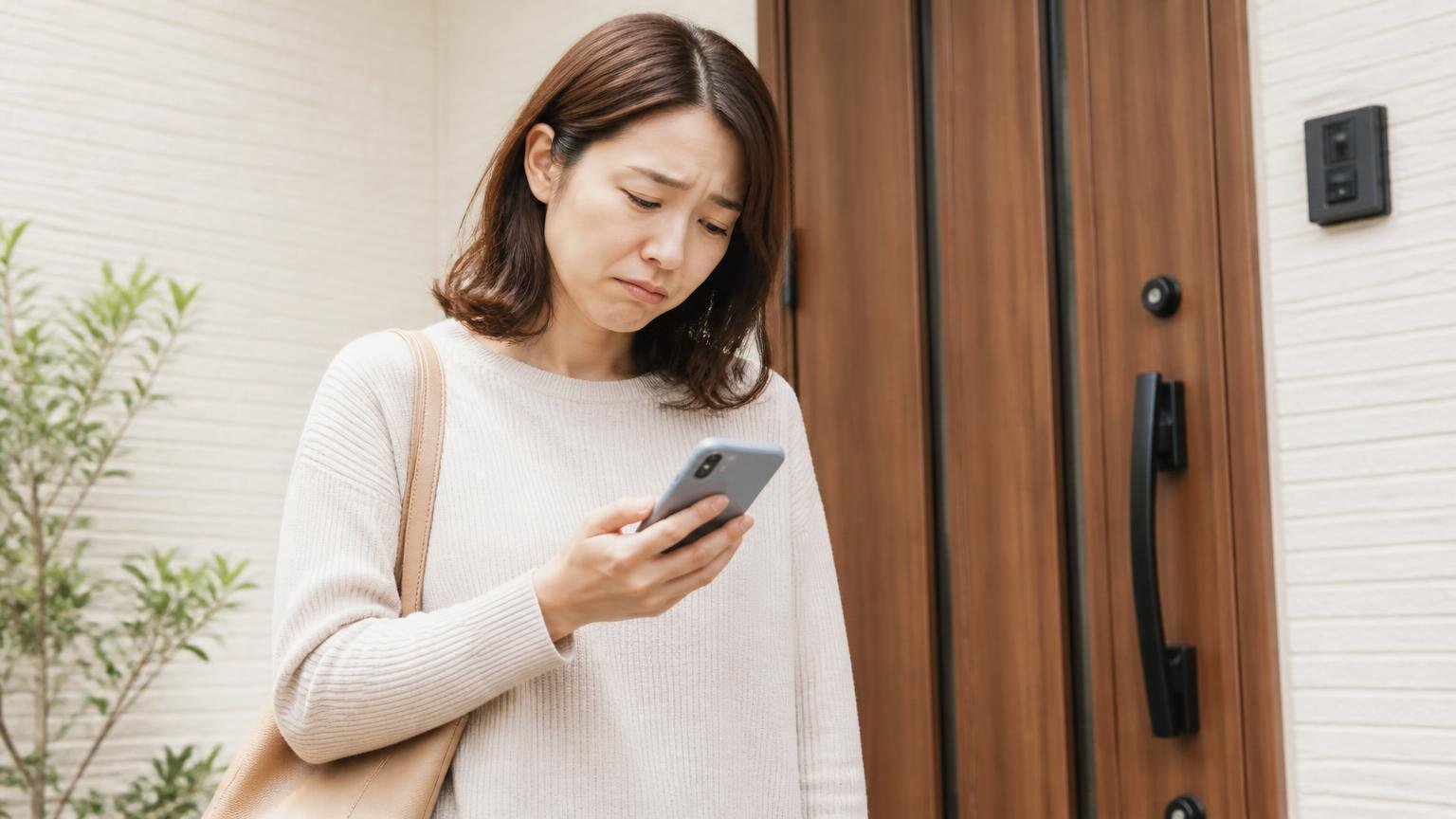 スマホで対応エリアの地図を確認して肩を落とす。玄関先でスマホを見る30代女性が残念そうな表情
