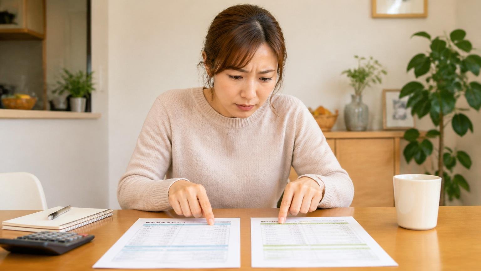 向いていなかった人が次に取るべき行動。自宅のダイニングで30代女性が2枚の見積書を並べて見比べる