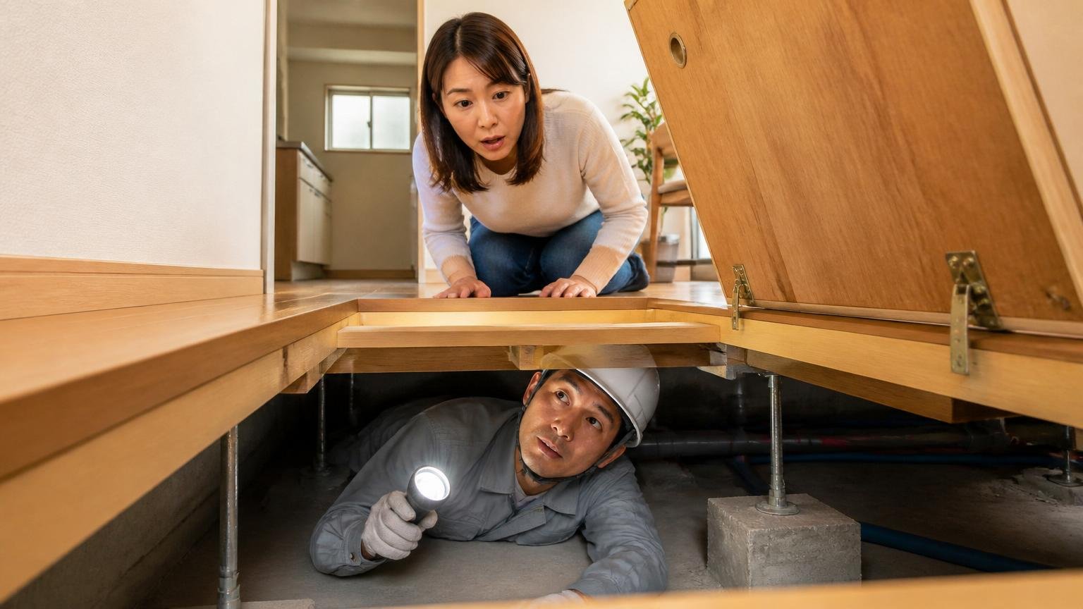 天井裏を見てもらうなら床下も一緒に。住宅の床下点検口で作業員1人がライトを向け住人1人が覗き込む