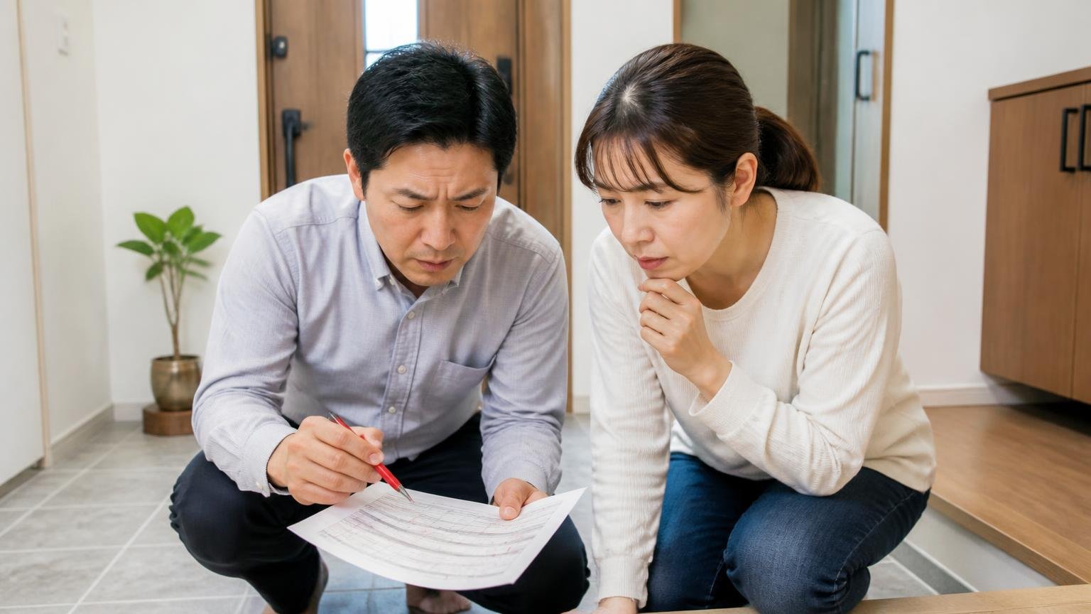 見積書で確認したい5つの項目|自宅の玄関土間|男女2人|書類に赤ペンで印を付ける