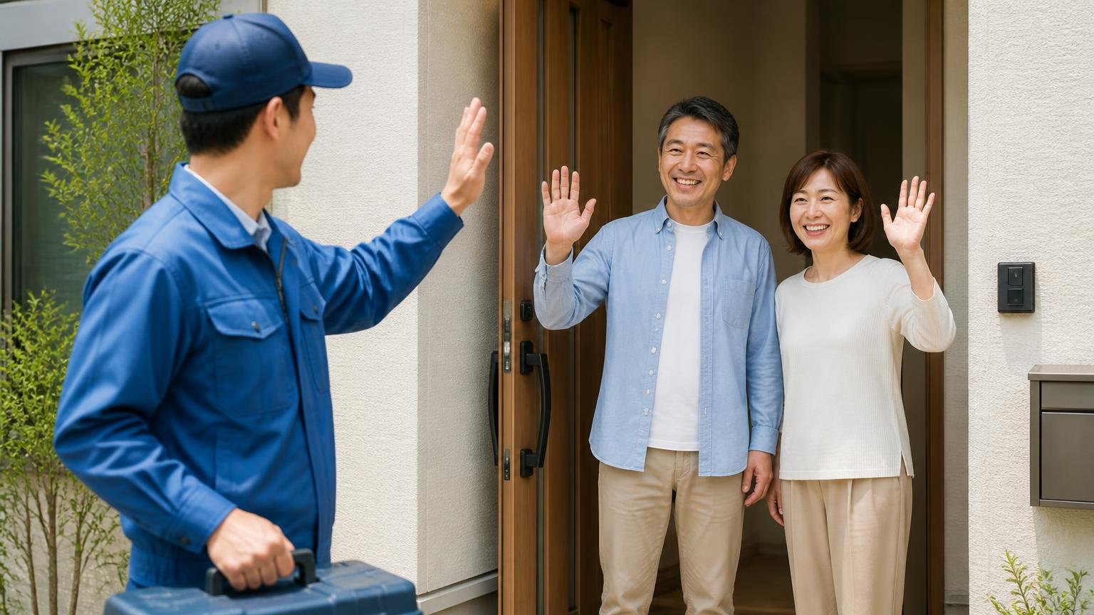 どちらでも次にやることは同じ 自宅の玄関前で住人2人が作業員1人を見送り安心した笑顔で手を振る
