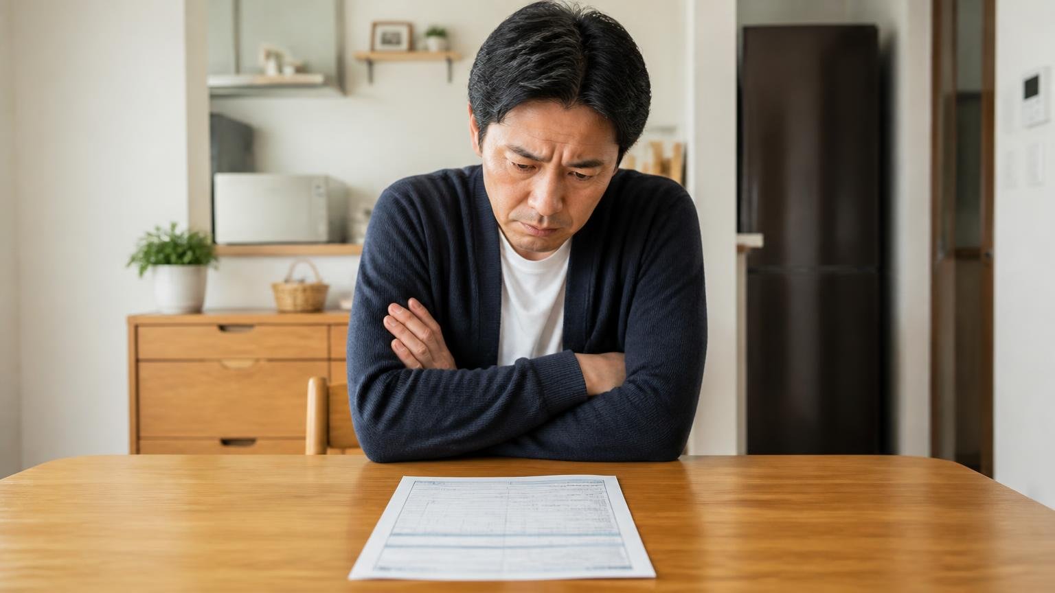 1社だけで決めてしまう失敗。ダイニングで1枚の見積書を前に40代男性1人が腕を組み固まる