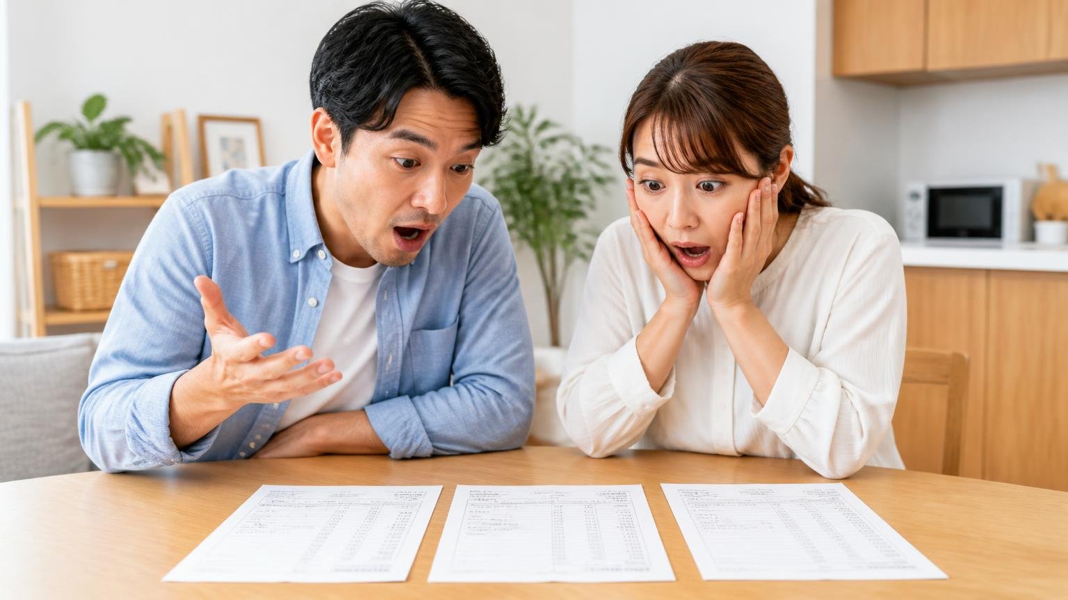 1社だけで決めてはいけない理由 ダイニングで3社の見積書を並べて見比べる夫婦2人が驚く