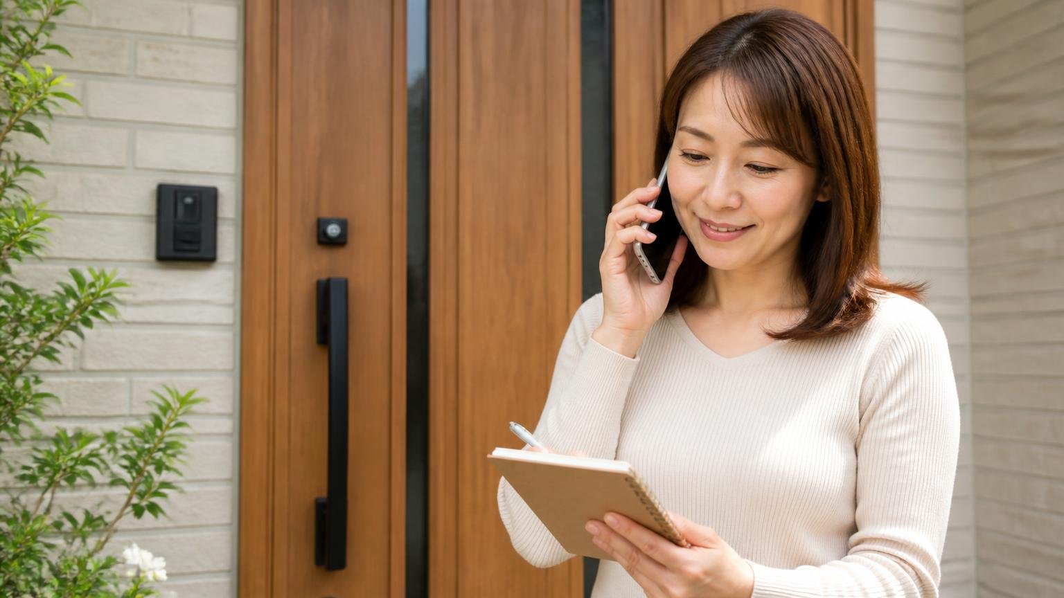 相見積もりは失礼じゃない|玄関先で電話しながらメモを取り安心した表情を見せる主婦