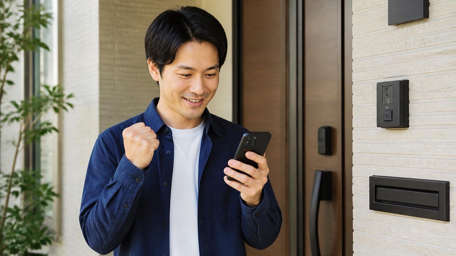 公式で確認したい3項目。玄関先で住人1人が公式サイトの電話番号をスマホで確認し安堵の表情を見せる