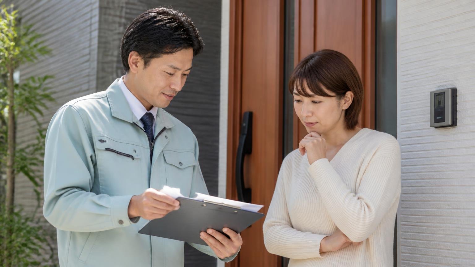 玄関で作業員から現地調査の説明を受ける。住宅の玄関前で書類を見せる作業員と30代女性