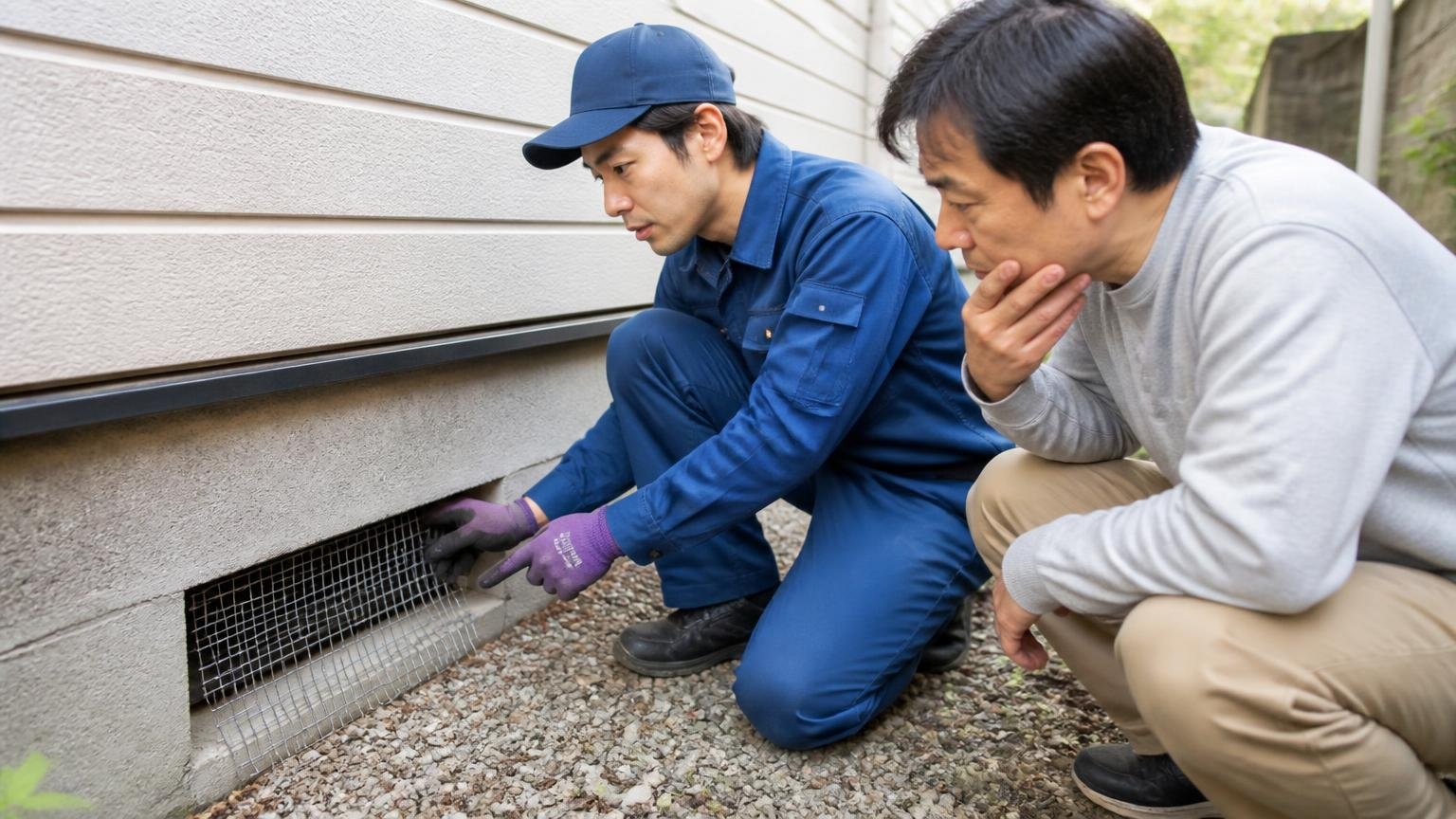 侵入口をふさぐ作業。木造戸建ての外壁と基礎の隙間に金網を当てて指をさす作業員1人と住人1人