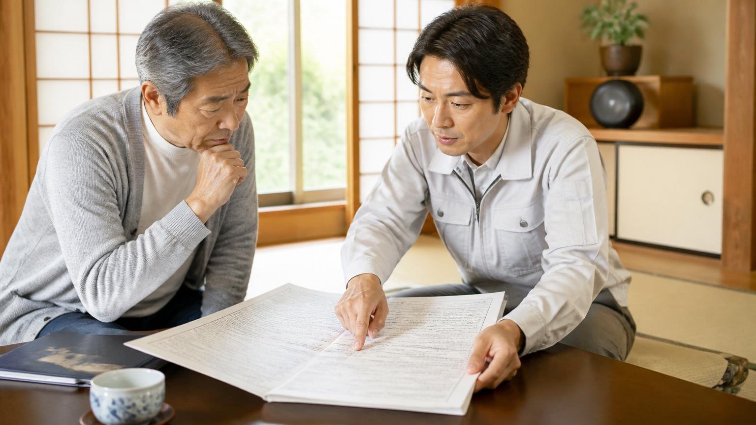保証内容の中身を確認する場面。住宅の和室で年配の住人1人と作業員1人が保証書を広げて条件を読み合わせる