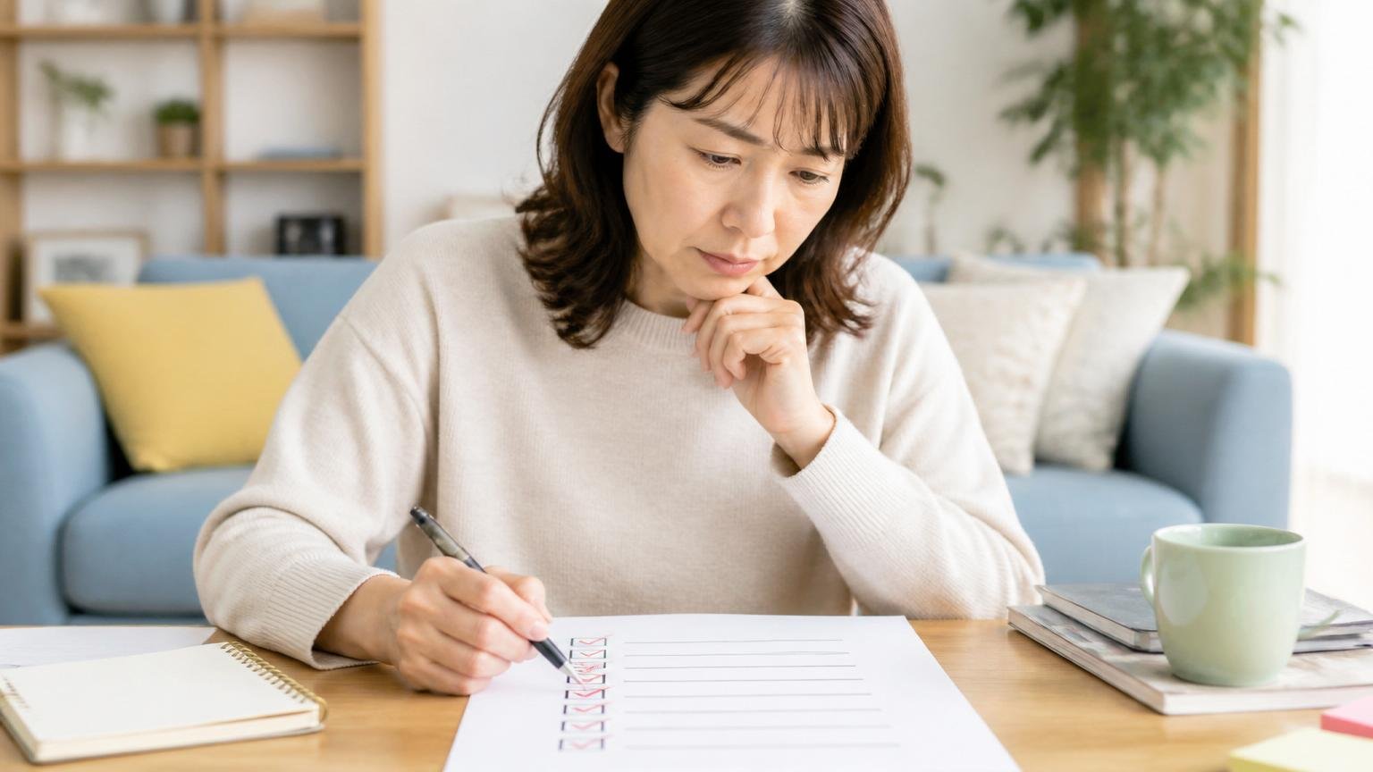 迷ったときの判断フローを整理する リビングのテーブルでチェックリストに印をつける40代女性が真剣な表情
