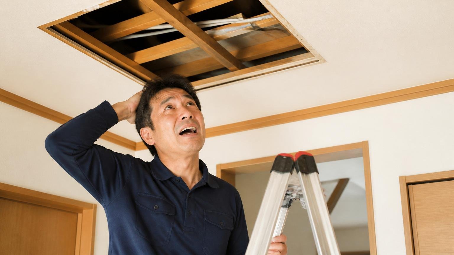 天井裏の清掃に手が届かず立ち往生する場面。木造戸建ての天井を見上げる男性1人が途方に暮れた表情