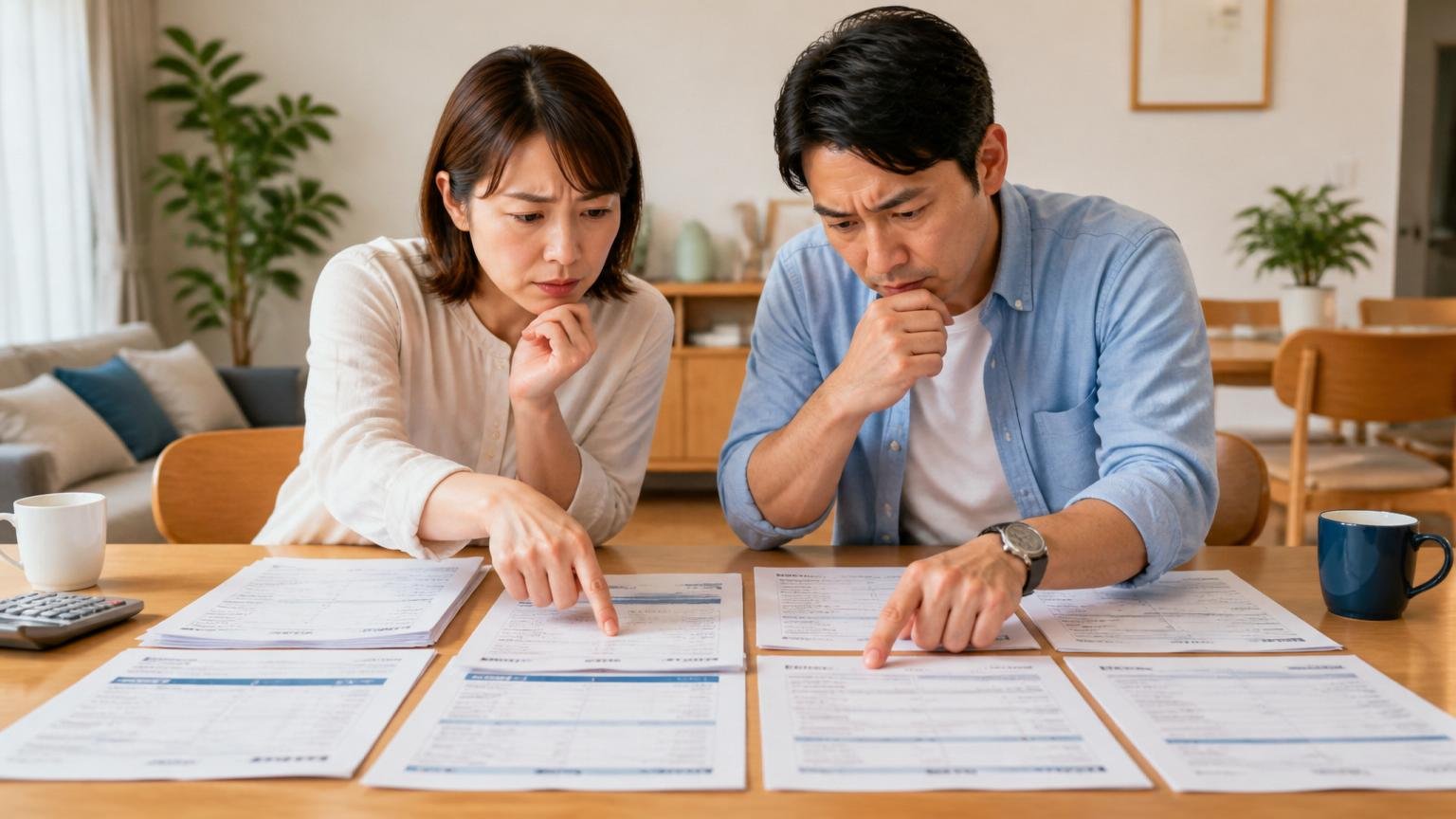 次にやることはどちらも同じ。ダイニングで夫婦2人が複数社の見積書を並べて指さして確認する