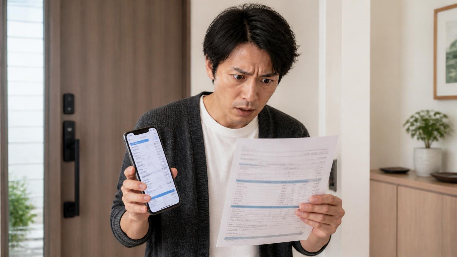 概算と最終金額のズレを確認する場面。住宅の玄関で住人1人がスマホの見積画面と紙の見積書を並べて見比べる