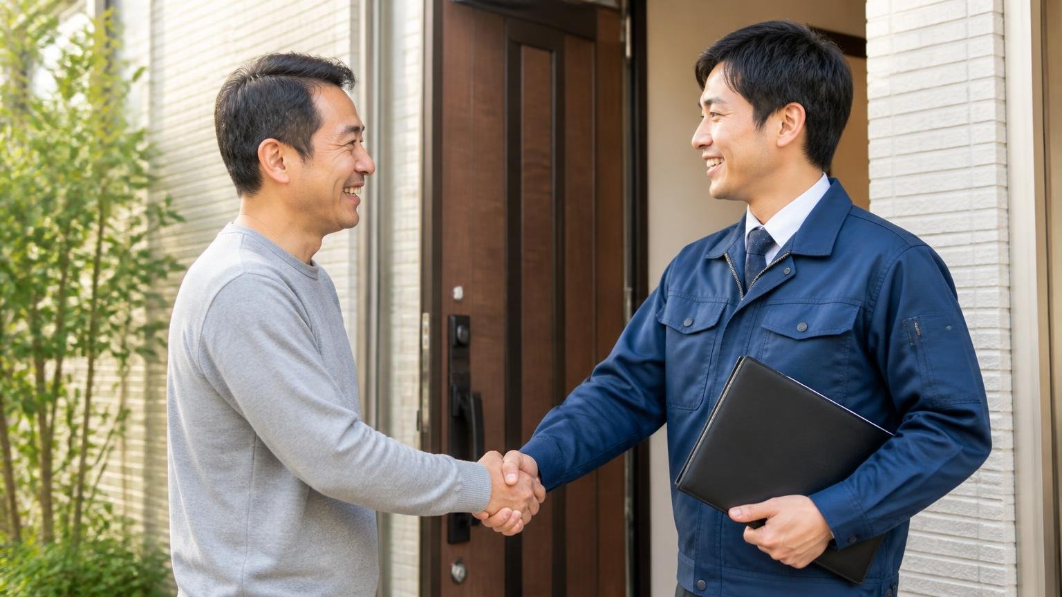 相見積もりの1社目に入れておきたい無料調査が受けられる駆除業者 玄関先で作業員と施主が握手する2人