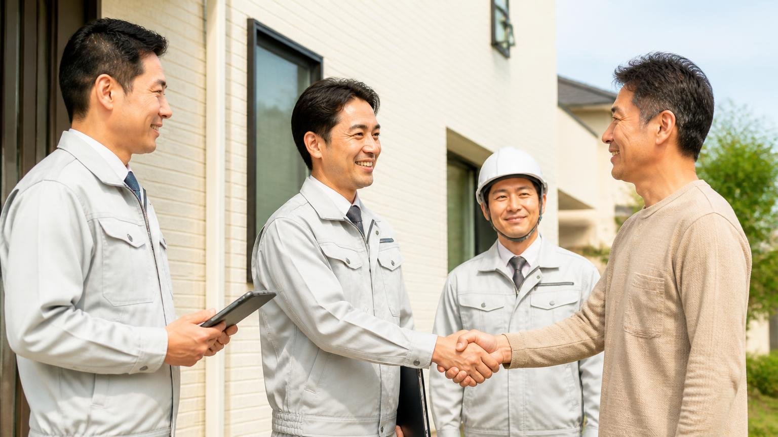 見積もり無料の駆除業者|住宅の外壁まわりで点検する作業員3人と見守る住人が握手する