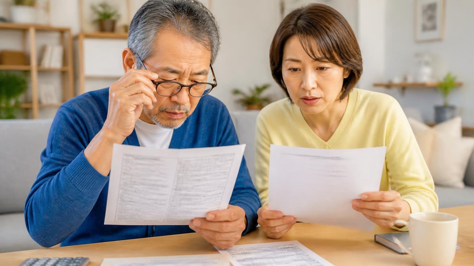 保証内容を読み込む場面。リビングで保証書を老眼鏡越しに読み比べる60代男性1人と40代女性1人