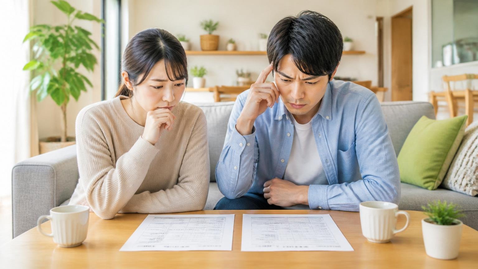 複数社の見積書を比べる場面。住宅のリビングで2枚の見積書を並べて見比べる夫婦2人