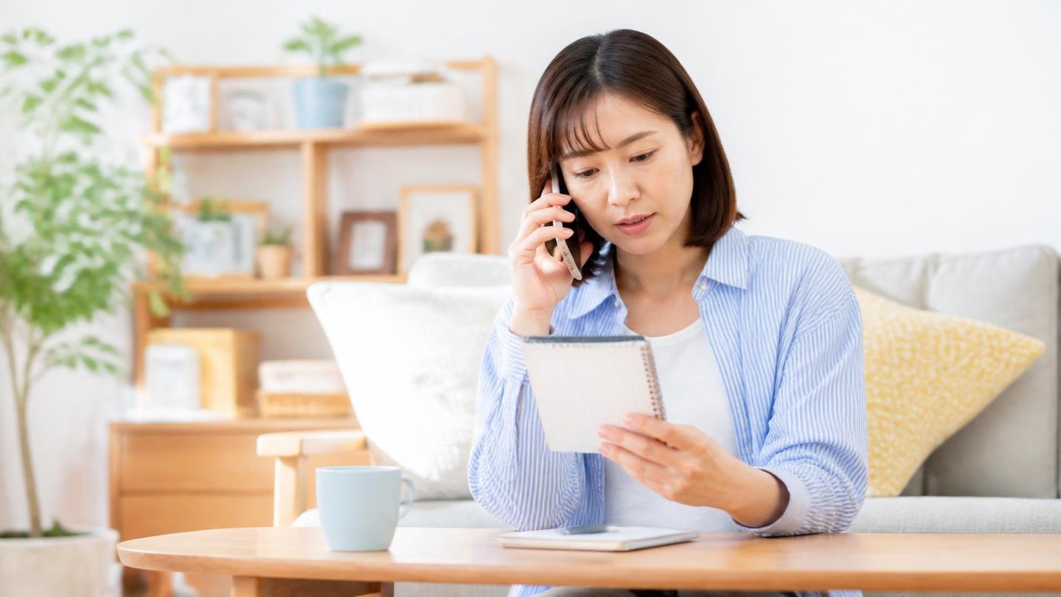 無料の相談窓口に連絡する場面。明るいリビングでスマホを手にメモを見ながら電話をかける30代女性1人