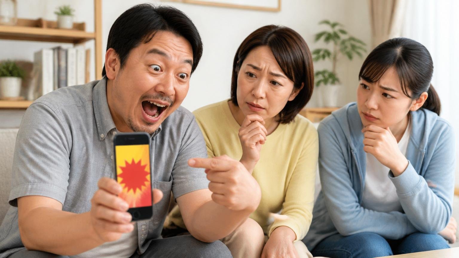 広告の最安値を見て契約してしまう場面。スマホの広告画面を指さす住人と、隣で心配そうに見る家族2人の様子