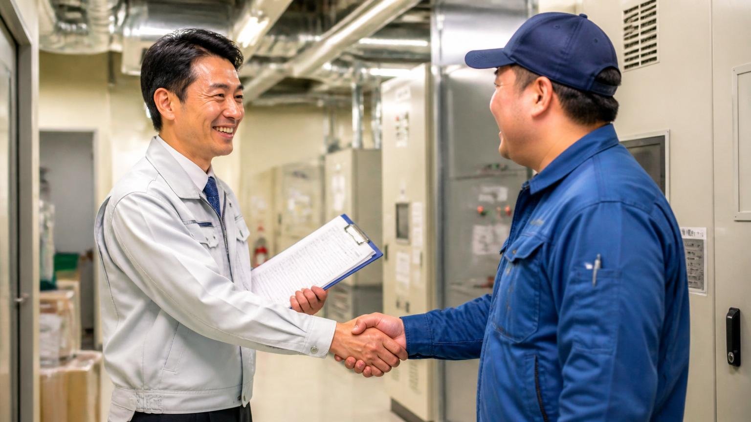 向いている人の例。商業ビルのバックヤードで点検記録を見ながら笑顔で握手する担当者1人と作業員1人