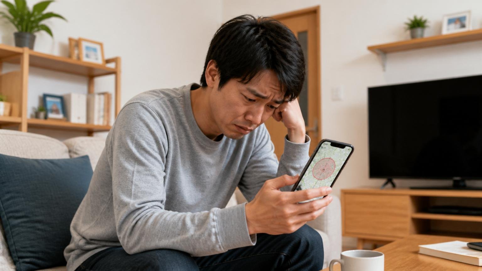 対応エリアの外に住んでいることに気づく場面。自宅のリビングで住人1人がスマホの地図を見ながら肩を落とす