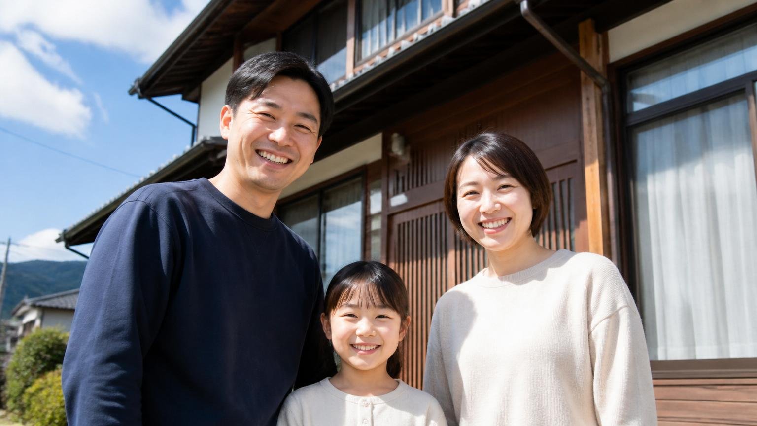 向いている人 東北の木造戸建て前 家族3人 安心した明るい表情