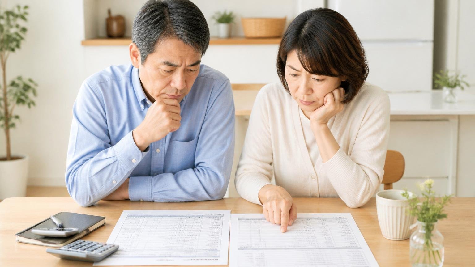 見積書は総額ではなく内訳で比べる ダイニングテーブルで2枚の見積書を並べて見比べる50代夫婦2人